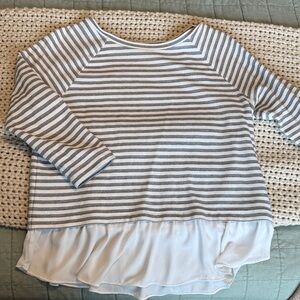 LOFT Women Gray & White Striped Ruffle-Hem Sweater Top